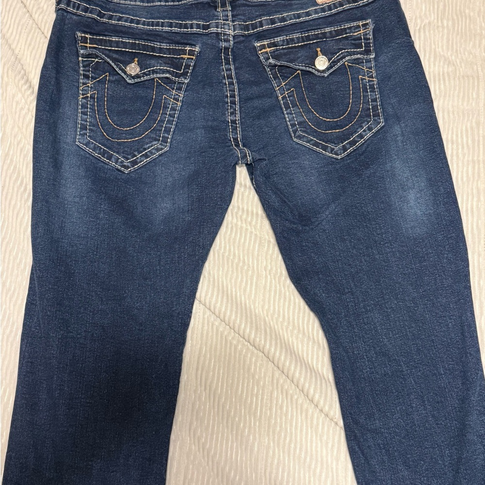 True Religion Boot Cut Blue Jeans with Distressed Look